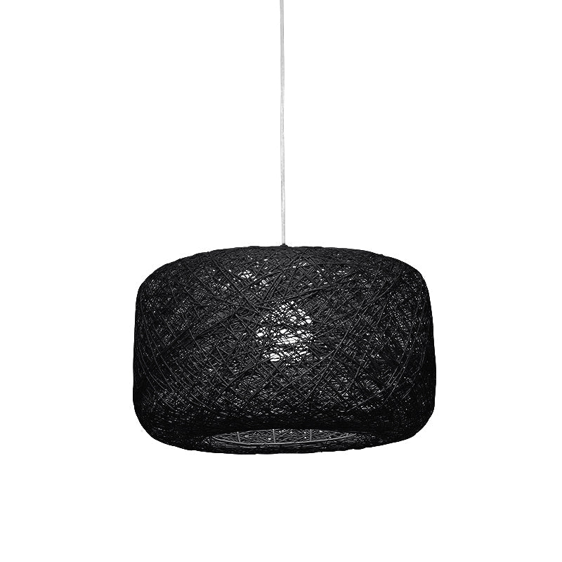 Lampe à suspension tambour en rotin tissé moderne - Diamètre 8"/12" - Noir/Blanc