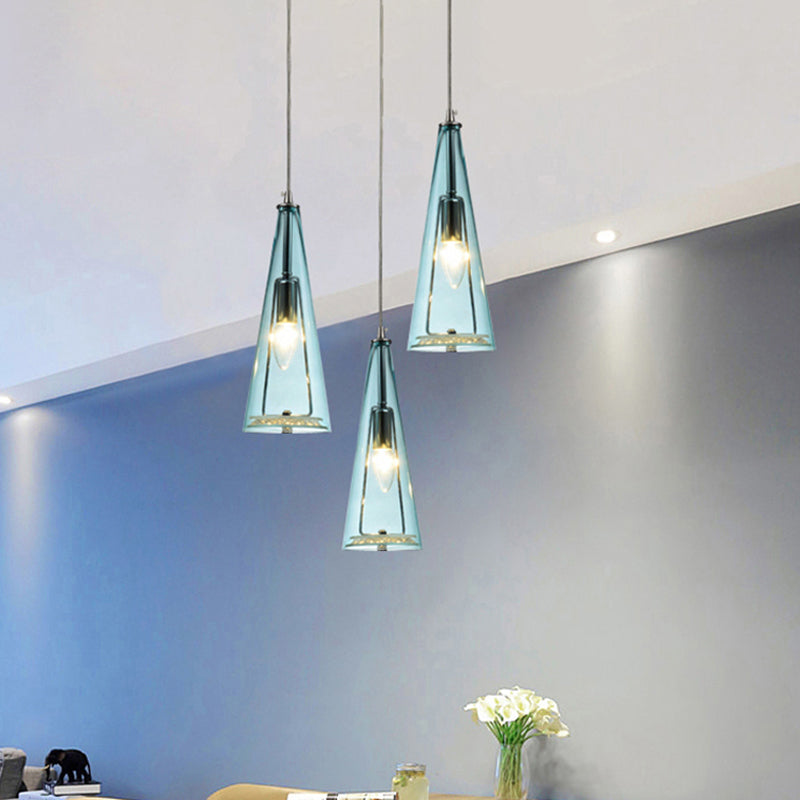 Modern Cone Pendant Lamp in Chrome with Blue/Amber/Clear Glass Panels - 3 Lights Ceiling Hanging Light, Round/Linear Canopy