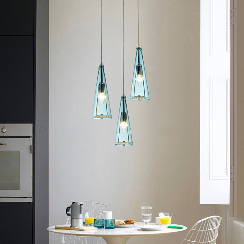 Modern Cone Pendant Lamp in Chrome with Blue/Amber/Clear Glass Panels - 3 Lights Ceiling Hanging Light, Round/Linear Canopy