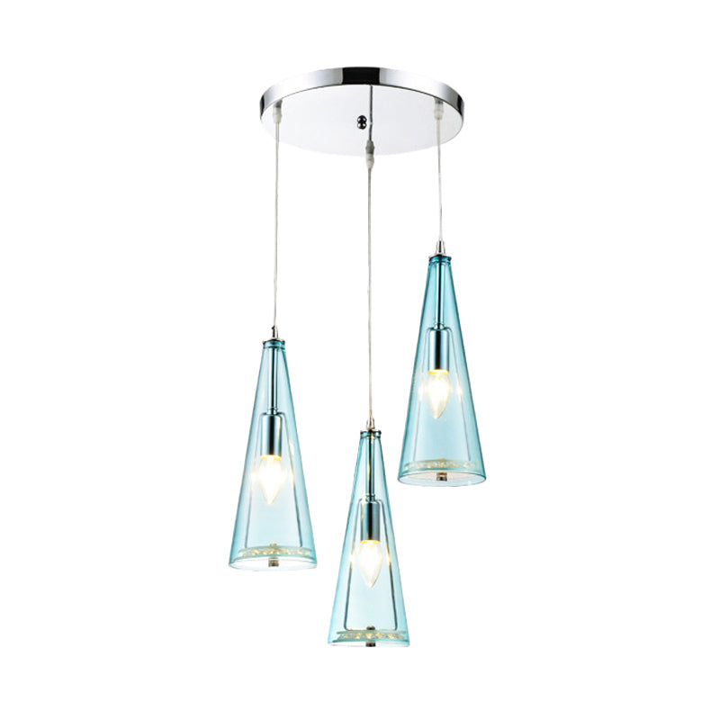Contemporary Cone Pendant Lamp - Blue/Amber/Clear Glass 3-Light Ceiling Light In Chrome Round/Linear
