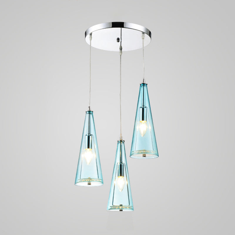 Contemporary Cone Pendant Lamp - Blue/Amber/Clear Glass 3-Light Ceiling Light In Chrome Round/Linear