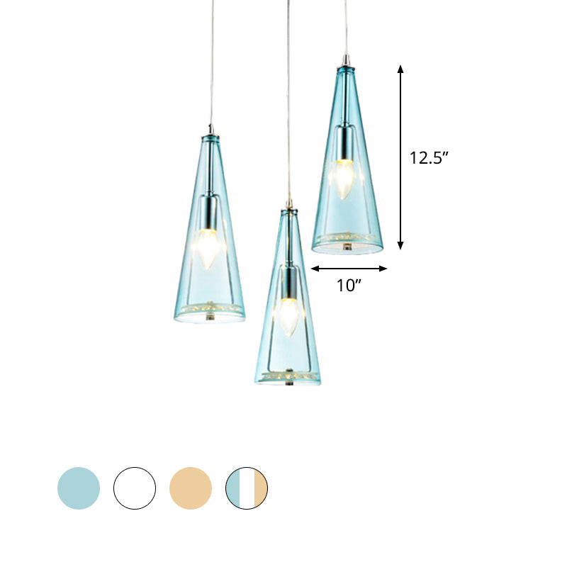 Contemporary Cone Pendant Lamp - Blue/Amber/Clear Glass 3-Light Ceiling Light In Chrome Round/Linear