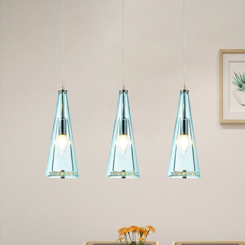 Contemporary Cone Pendant Lamp - Blue/Amber/Clear Glass 3-Light Ceiling Light In Chrome Round/Linear