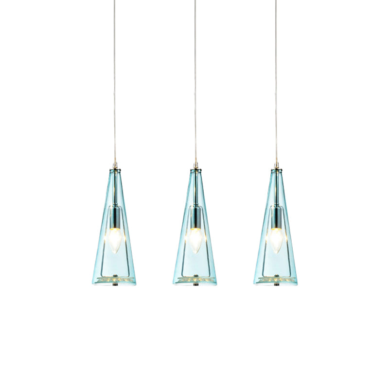 Modern Cone Pendant Lamp in Chrome with Blue/Amber/Clear Glass Panels - 3 Lights Ceiling Hanging Light, Round/Linear Canopy