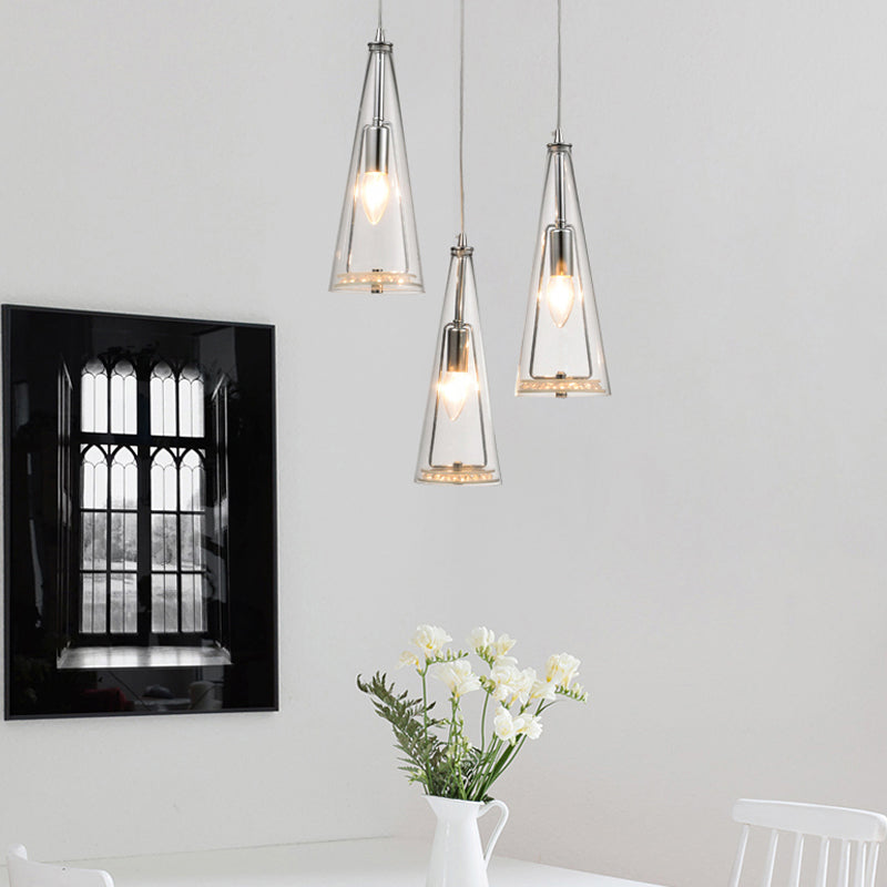 Modern Cone Pendant Lamp in Chrome with Blue/Amber/Clear Glass Panels - 3 Lights Ceiling Hanging Light, Round/Linear Canopy