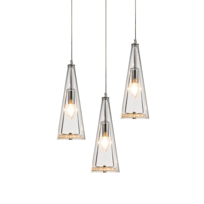 Contemporary Cone Pendant Lamp - Blue/Amber/Clear Glass 3-Light Ceiling Light In Chrome Round/Linear