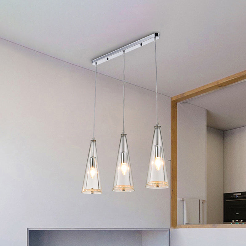 Modern Cone Pendant Lamp in Chrome with Blue/Amber/Clear Glass Panels - 3 Lights Ceiling Hanging Light, Round/Linear Canopy