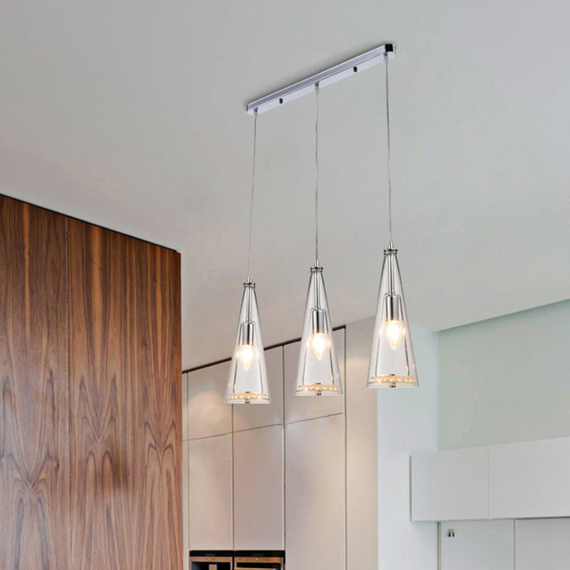 Contemporary Cone Pendant Lamp - Blue/Amber/Clear Glass 3-Light Ceiling Light In Chrome Round/Linear