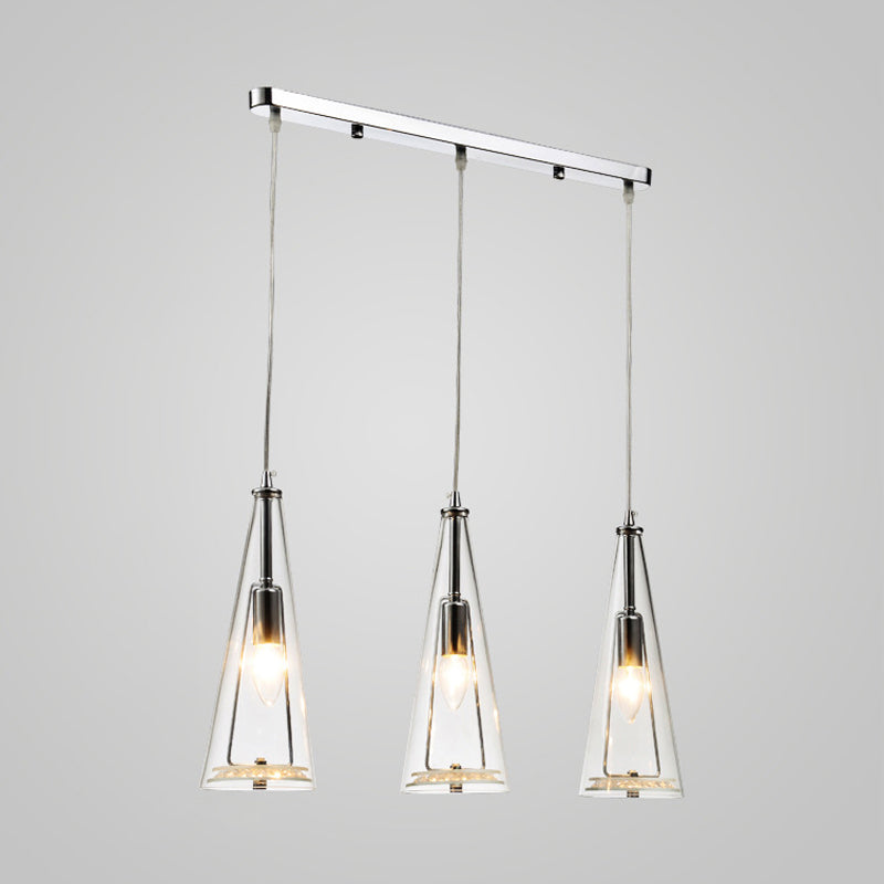 Contemporary Cone Pendant Lamp - Blue/Amber/Clear Glass 3-Light Ceiling Light In Chrome Round/Linear