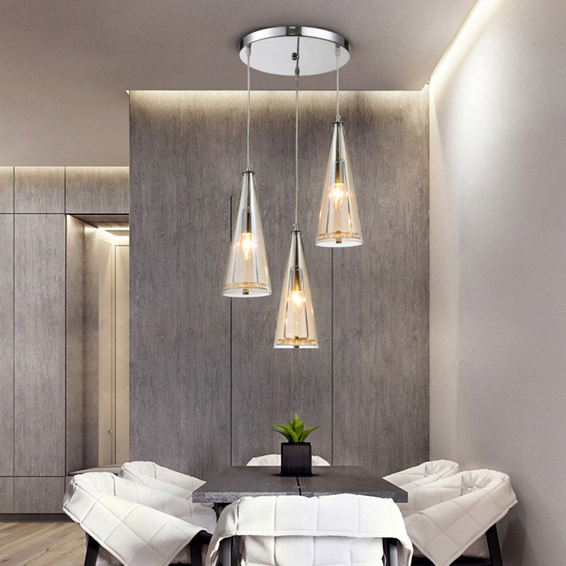 Modern Cone Pendant Lamp in Chrome with Blue/Amber/Clear Glass Panels - 3 Lights Ceiling Hanging Light, Round/Linear Canopy