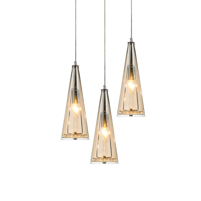 Contemporary Cone Pendant Lamp - Blue/Amber/Clear Glass 3-Light Ceiling Light In Chrome Round/Linear