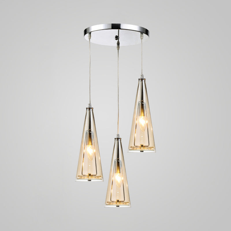 Contemporary Cone Pendant Lamp - Blue/Amber/Clear Glass 3-Light Ceiling Light In Chrome Round/Linear