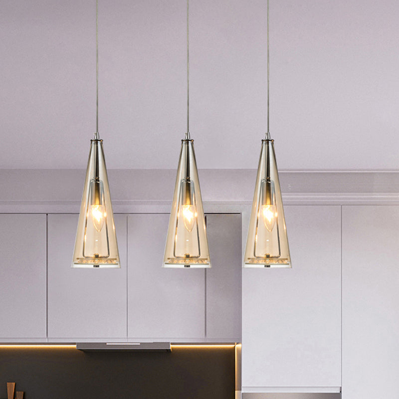 Modern Cone Pendant Lamp in Chrome with Blue/Amber/Clear Glass Panels - 3 Lights Ceiling Hanging Light, Round/Linear Canopy