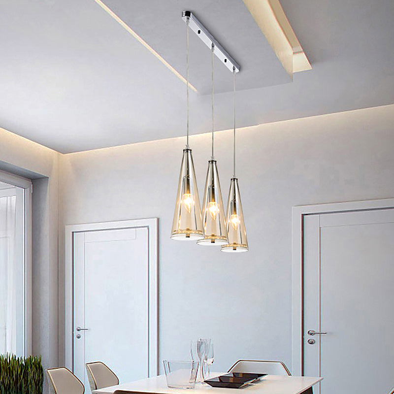 Modern Cone Pendant Lamp in Chrome with Blue/Amber/Clear Glass Panels - 3 Lights Ceiling Hanging Light, Round/Linear Canopy