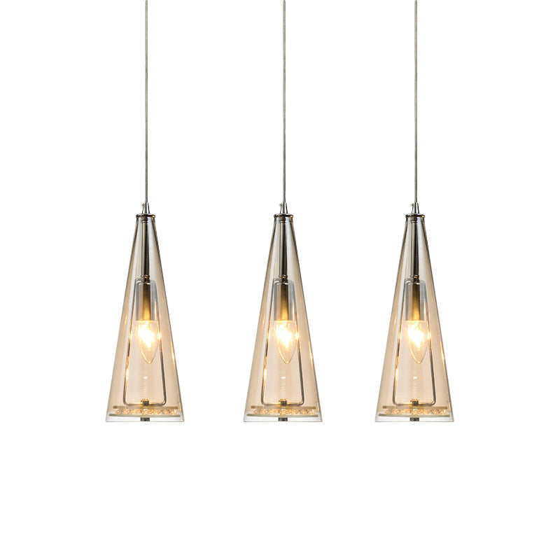 Contemporary Cone Pendant Lamp - Blue/Amber/Clear Glass 3-Light Ceiling Light In Chrome Round/Linear
