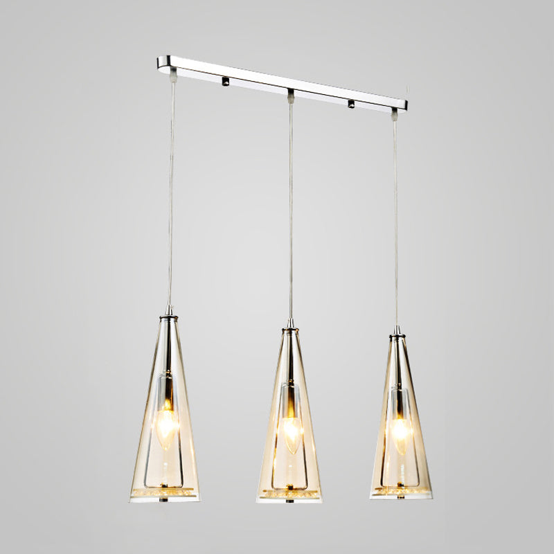 Modern Cone Pendant Lamp in Chrome with Blue/Amber/Clear Glass Panels - 3 Lights Ceiling Hanging Light, Round/Linear Canopy