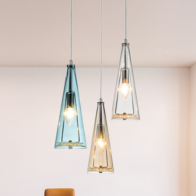 Contemporary Cone Pendant Lamp - Blue/Amber/Clear Glass 3-Light Ceiling Light In Chrome Round/Linear