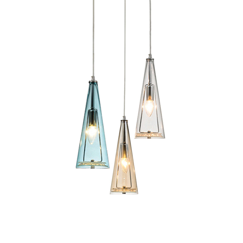 Modern Cone Pendant Lamp in Chrome with Blue/Amber/Clear Glass Panels - 3 Lights Ceiling Hanging Light, Round/Linear Canopy