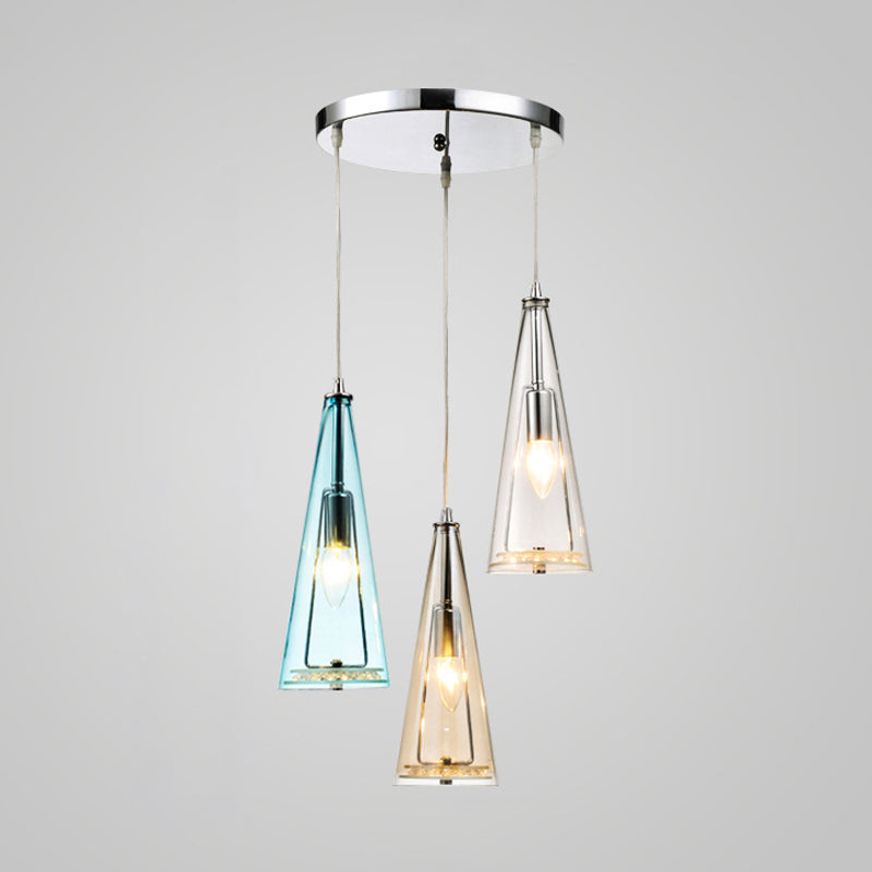 Contemporary Cone Pendant Lamp - Blue/Amber/Clear Glass 3-Light Ceiling Light In Chrome Round/Linear