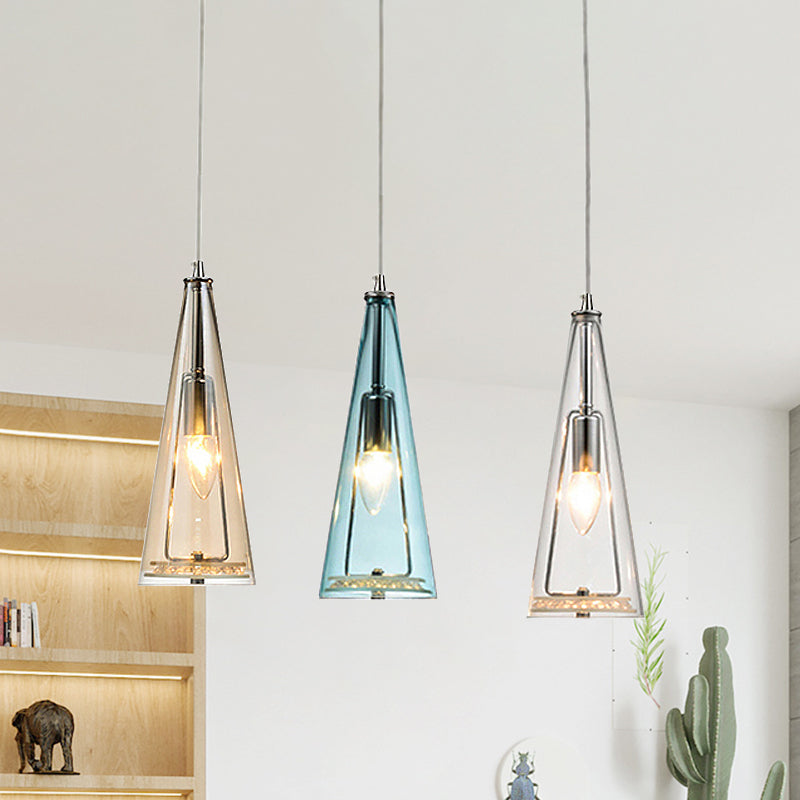 Contemporary Cone Pendant Lamp - Blue/Amber/Clear Glass 3-Light Ceiling Light In Chrome Round/Linear