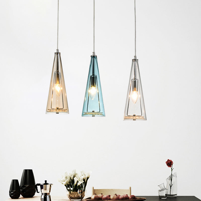 Modern Cone Pendant Lamp in Chrome with Blue/Amber/Clear Glass Panels - 3 Lights Ceiling Hanging Light, Round/Linear Canopy