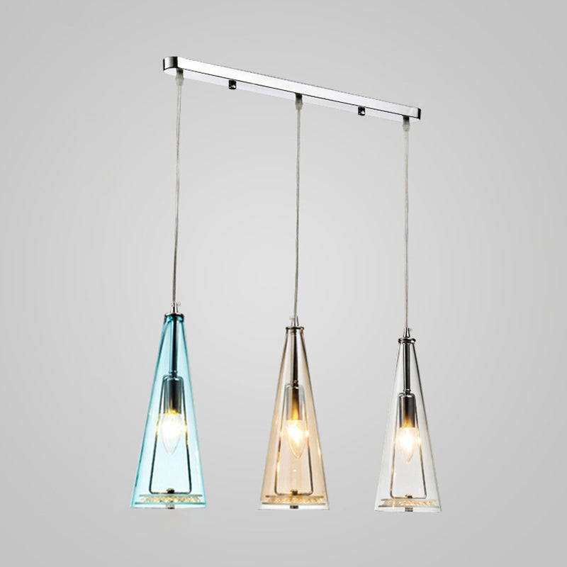 Modern Cone Pendant Lamp in Chrome with Blue/Amber/Clear Glass Panels - 3 Lights Ceiling Hanging Light, Round/Linear Canopy