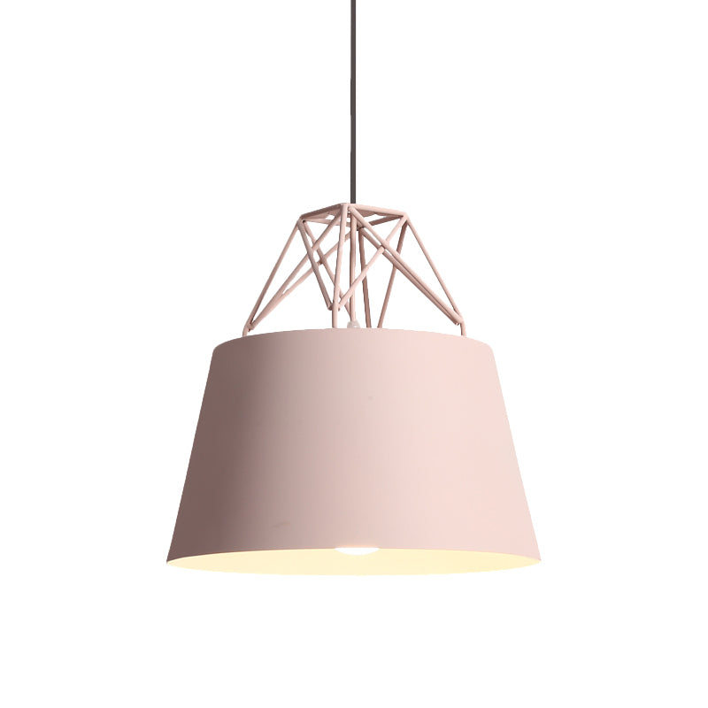 Macaron Style Cage Pendant Light with Metallic Bucket Shade for Restaurants - 1 Head Hanging Lamp