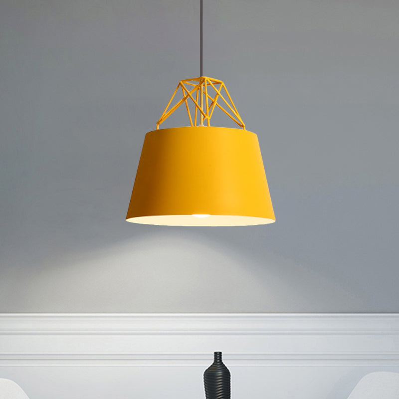 Macaron Style Cage Pendant Light with Metallic Bucket Shade for Restaurants - 1 Head Hanging Lamp