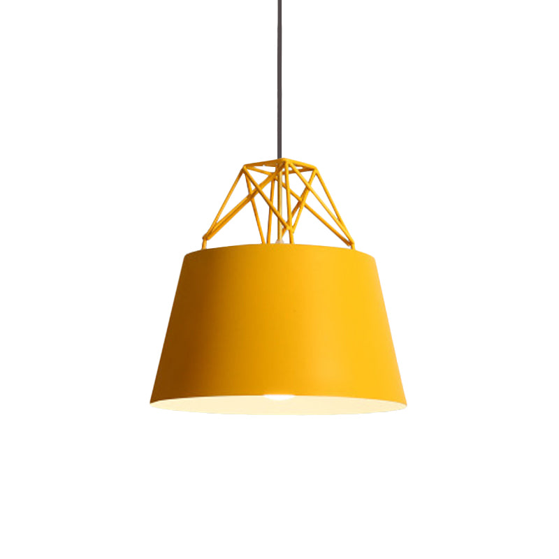 Macaron Style Cage Pendant Light with Metallic Bucket Shade for Restaurants - 1 Head Hanging Lamp