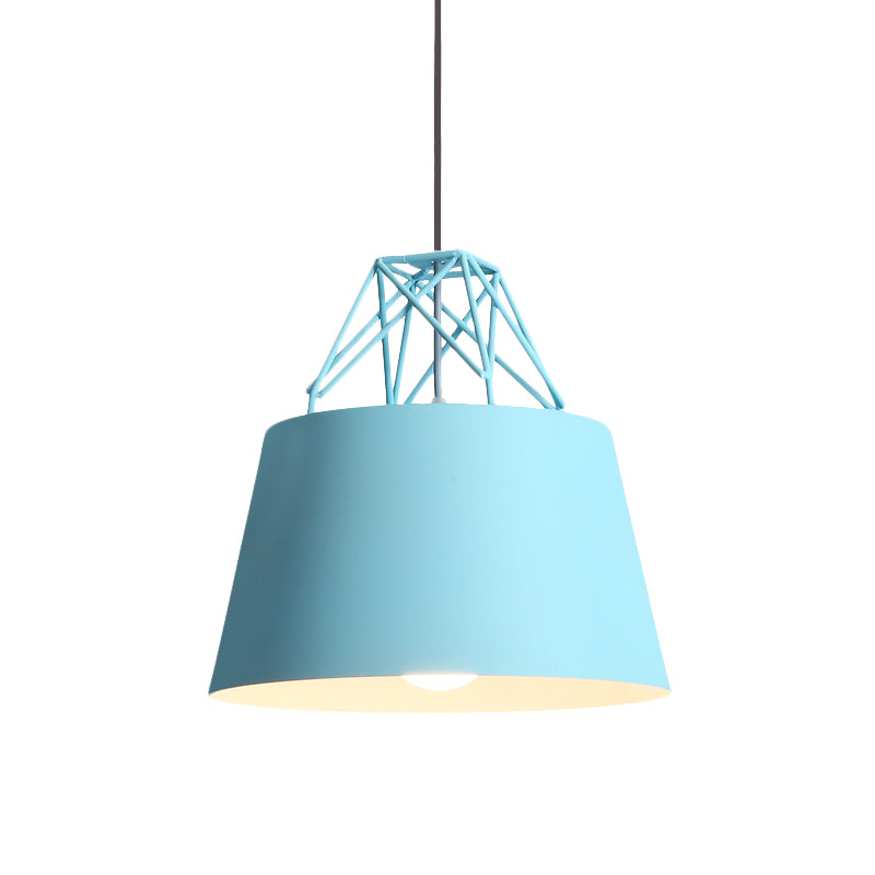 Macaron Style Cage Pendant Light with Metallic Bucket Shade for Restaurants - 1 Head Hanging Lamp