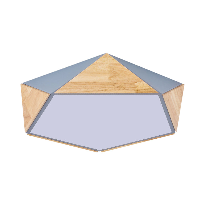 Stylish Wood Led Flush Light For Kids Bedroom - Pentagon Ceiling Mount Macaron Design