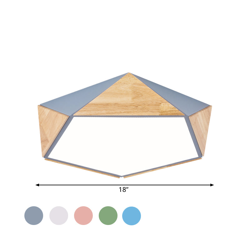 Stylish Wood Led Flush Light For Kids Bedroom - Pentagon Ceiling Mount Macaron Design