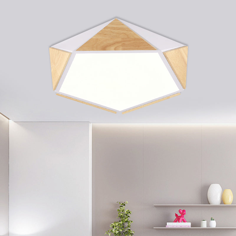 Stylish Wood Led Flush Light For Kids Bedroom - Pentagon Ceiling Mount Macaron Design