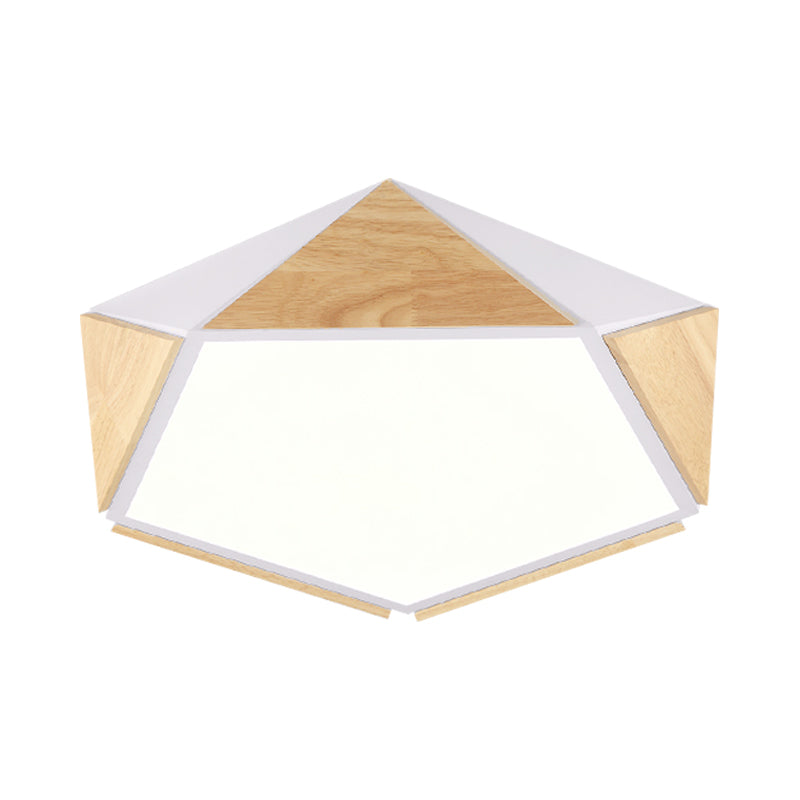 Stylish Wood Led Flush Light For Kids Bedroom - Pentagon Ceiling Mount Macaron Design