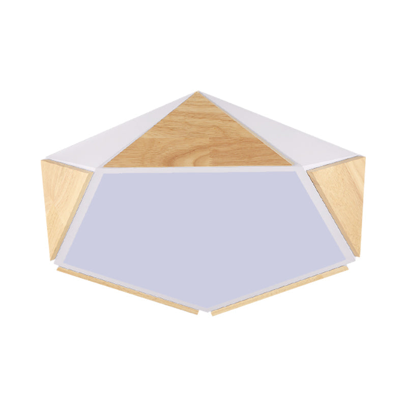 Stylish Wood Led Flush Light For Kids Bedroom - Pentagon Ceiling Mount Macaron Design