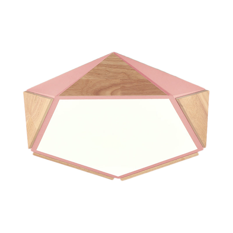 Stylish Wood Led Flush Light For Kids Bedroom - Pentagon Ceiling Mount Macaron Design