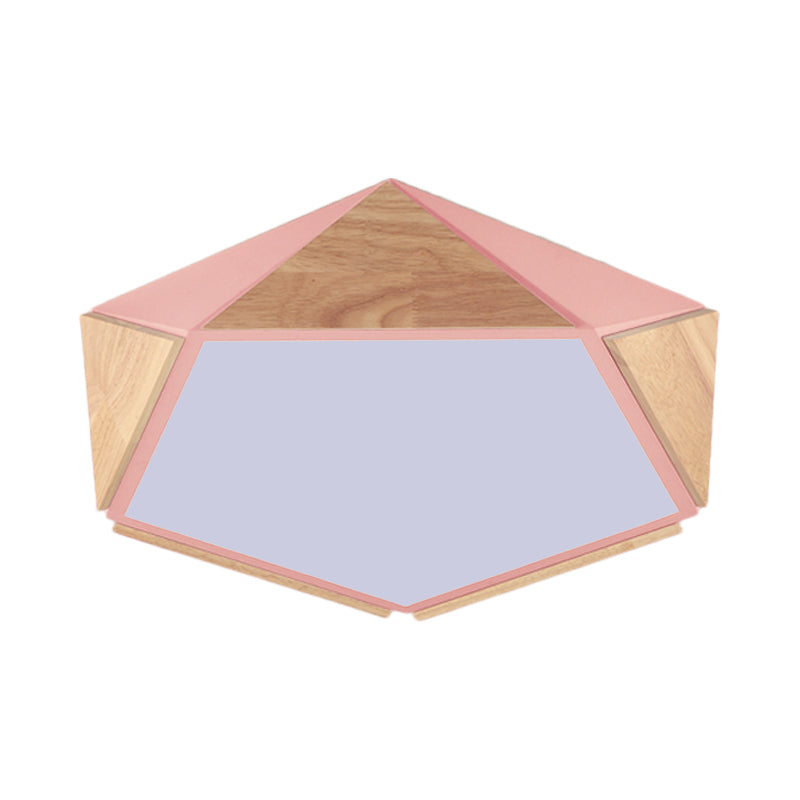 Stylish Wood Led Flush Light For Kids Bedroom - Pentagon Ceiling Mount Macaron Design