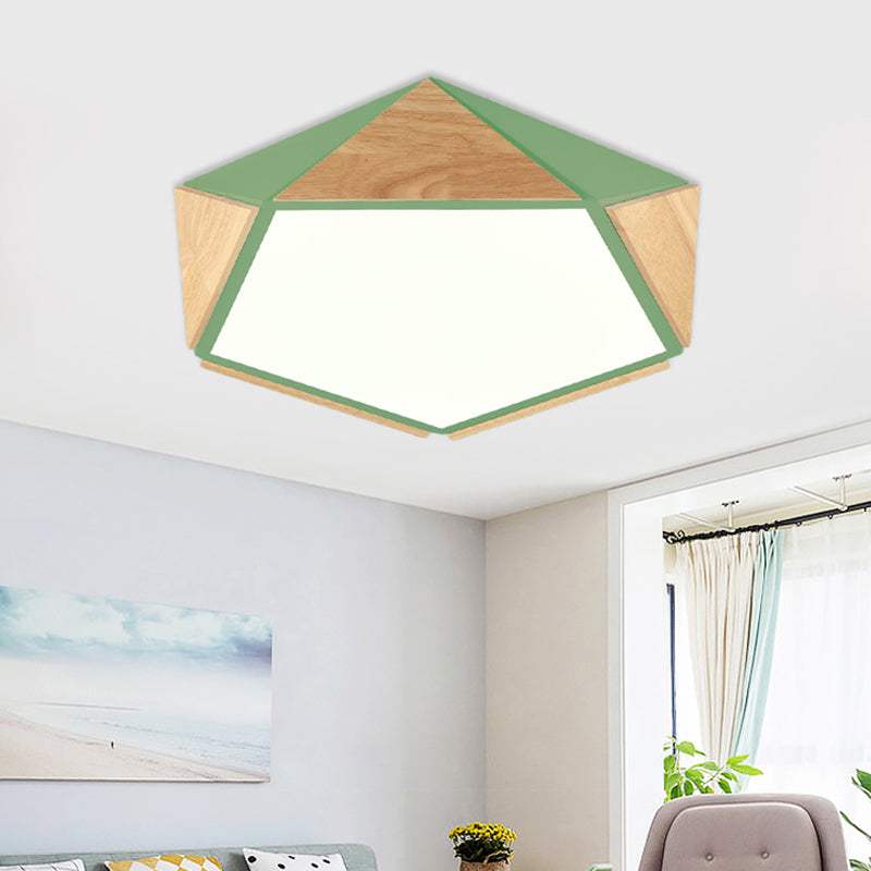 Stylish Wood Led Flush Light For Kids Bedroom - Pentagon Ceiling Mount Macaron Design
