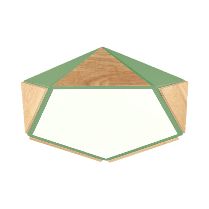 Stylish Wood Led Flush Light For Kids Bedroom - Pentagon Ceiling Mount Macaron Design