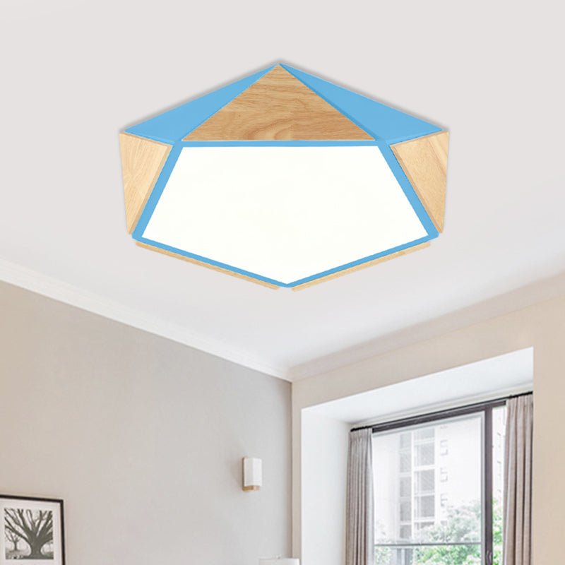 Stylish Wood Led Flush Light For Kids Bedroom - Pentagon Ceiling Mount Macaron Design