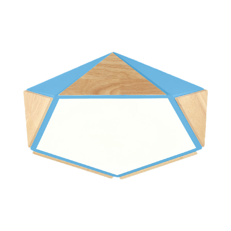 Stylish Wood Led Flush Light For Kids Bedroom - Pentagon Ceiling Mount Macaron Design