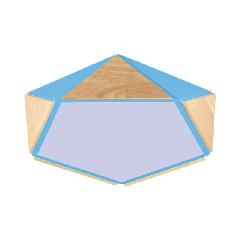 Stylish Wood Led Flush Light For Kids Bedroom - Pentagon Ceiling Mount Macaron Design
