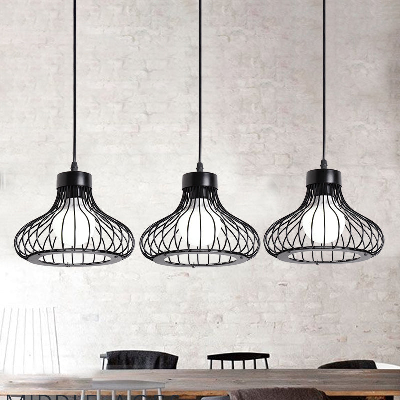 Suspension à 3 lumières de style campagnard noir avec abat-jour en cage métallique - Luminaire suspendu pour restaurant