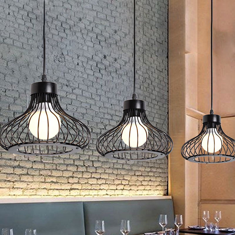Suspension à 3 lumières de style campagnard noir avec abat-jour en cage métallique - Luminaire suspendu pour restaurant