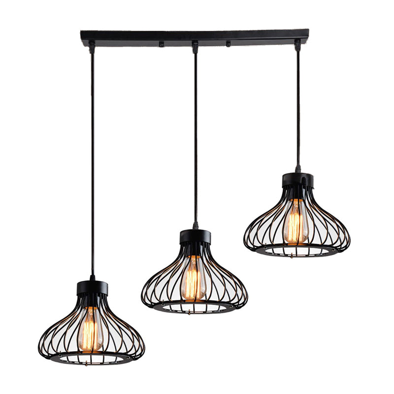 Suspension à 3 lumières de style campagnard noir avec abat-jour en cage métallique - Luminaire suspendu pour restaurant