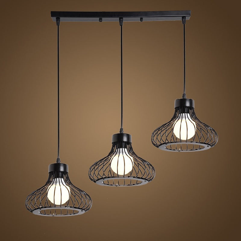 Suspension à 3 lumières de style campagnard noir avec abat-jour en cage métallique - Luminaire suspendu pour restaurant