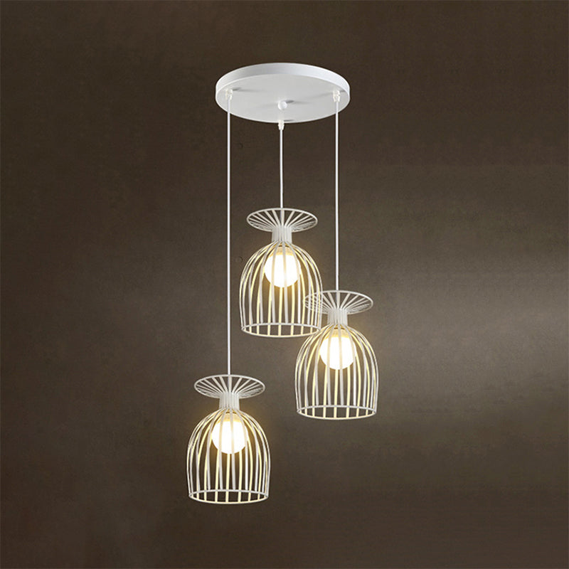 Industrial 3-Head Metal Wine Glass Pendant Light with Wire Guard for Living Room in White