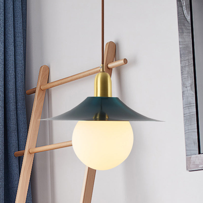 Mid-Century Milk Glass Pendant Lighting: Flared Shade, 1-Light Indoor Hanging Light in Gold/Black/Blue - Small or Large Size Options