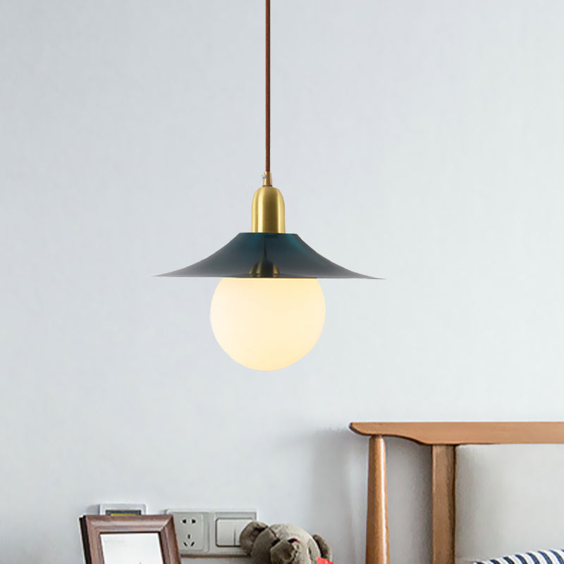 Mid-Century Milk Glass Pendant Lighting: Flared Shade, 1-Light Indoor Hanging Light in Gold/Black/Blue - Small or Large Size Options
