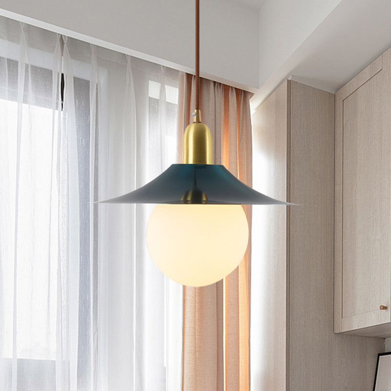 Mid-Century Milk Glass Pendant Lighting: Flared Shade, 1-Light Indoor Hanging Light in Gold/Black/Blue - Small or Large Size Options